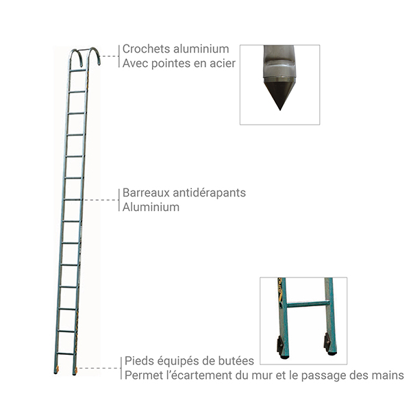 Echelle de pompier simple avec crochets conforme à la norme EN 1147