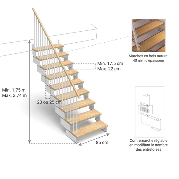 dimensions escalier droit kompo bois naturel 85
