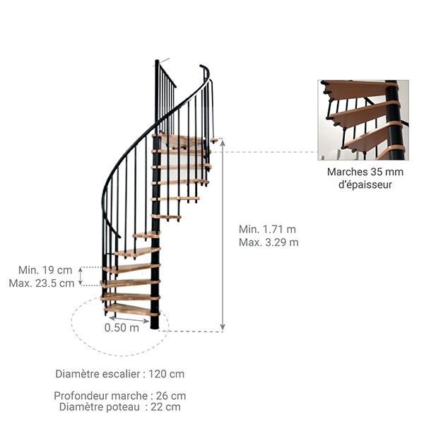 dimensions escalier helicoidal noir hetre 1m20