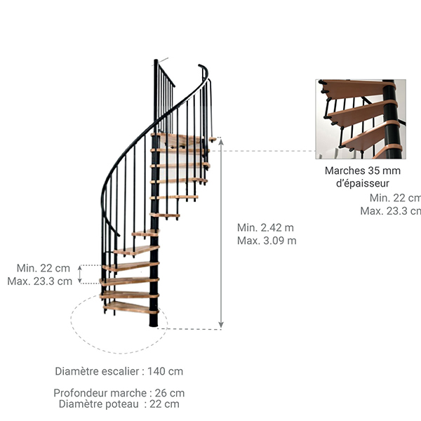 dimensions escalier helicoidal noir hetre 1m40