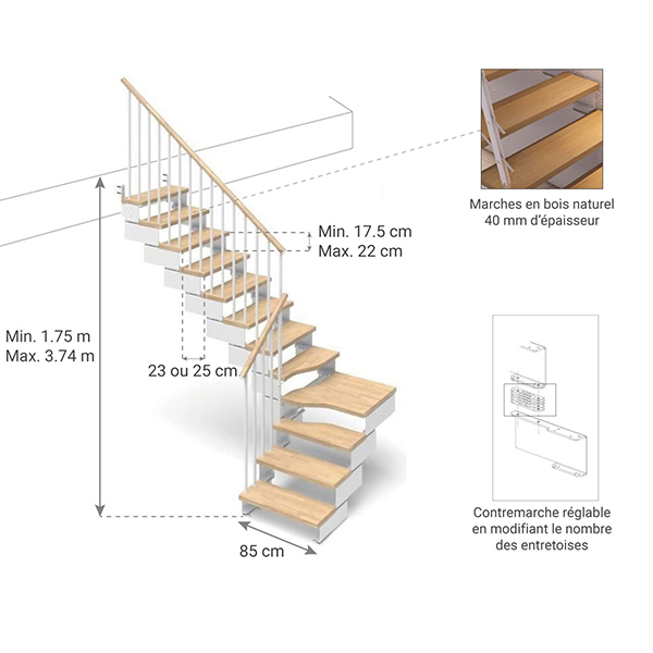 dimensions escalier kompo bois naturel 85