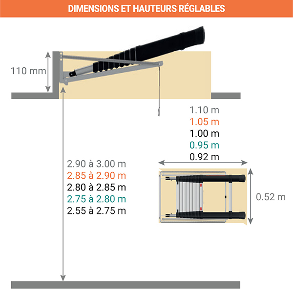 hauteur echelle escamotable telescopique TEL 72527 72524