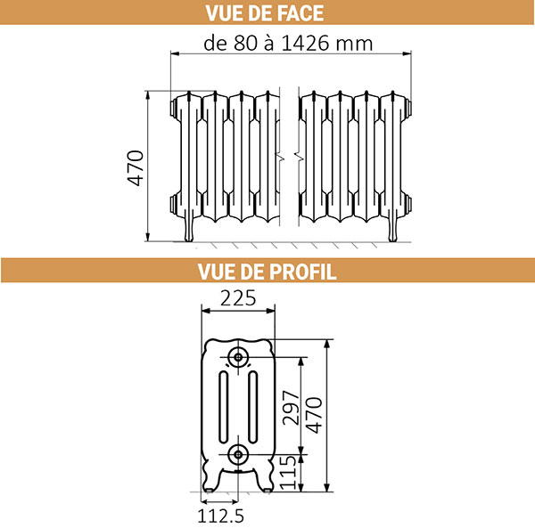 dimensions radiateur fonte hauteur 470mm