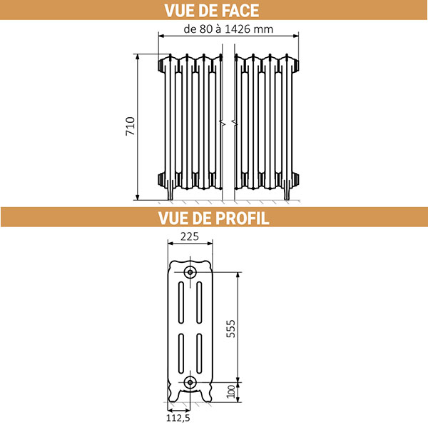 dimensions radiateur fonte hauteur 710mm
