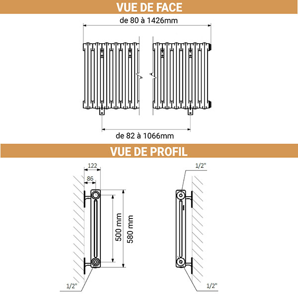 dimensions radiateur fonte noir 580mm