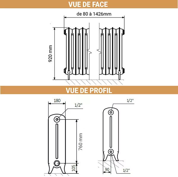dimensions radiateur fonte noir pieds 920