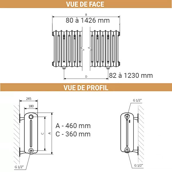 dimensions radiateur fonte plain noir pieds 460