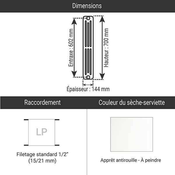 Radiateur fonte a colonnes - 4 colonnes - Hauteur 700mm- Epaisseur 144mm