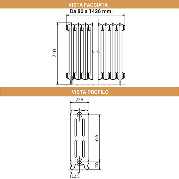 dimensioni radiatore ghisa altezza 710mm