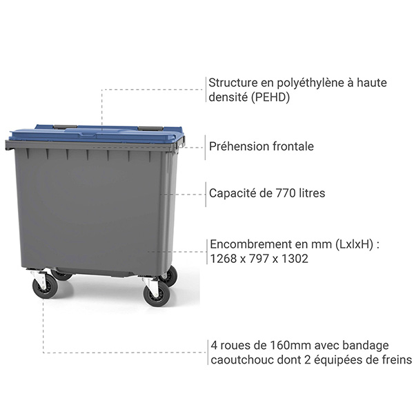 details conteneur poubelle 770 litres bleu