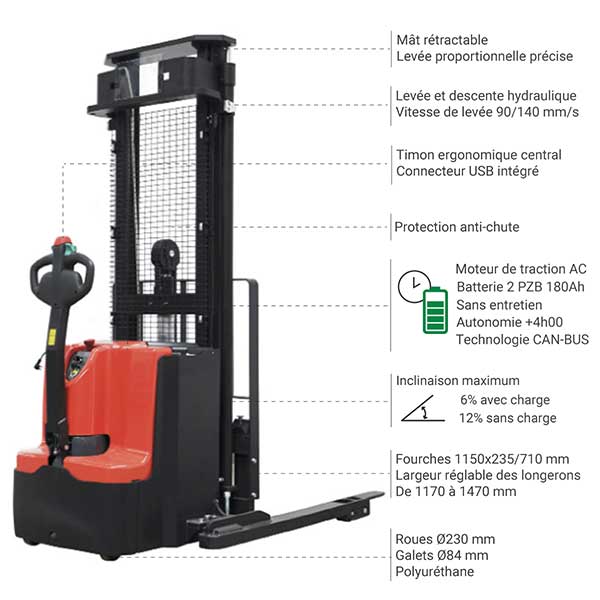 Gerbeur électrique avec longerons encadrants - 1200 kg